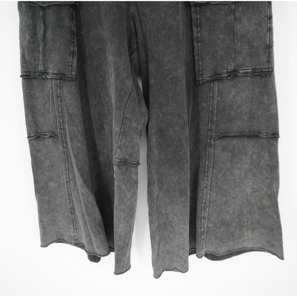 Easel Womens Utility Mineral Washed Wide Leg Terry Knit Cargo Pant Black Large - Picture 9 of 15